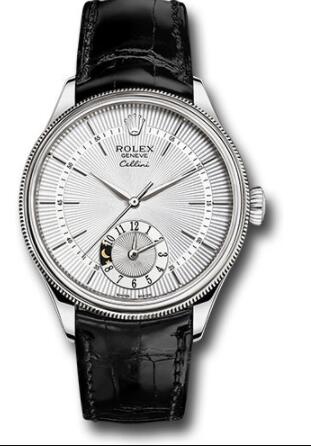 Replica Rolex Cellini Dual Time Watch 50529 White Gold Silver Dial Black Leather Strap